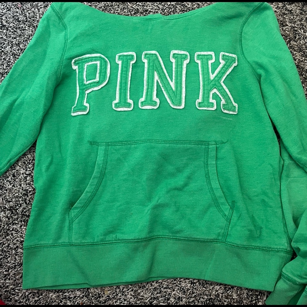 Pink hoodie, color green with white letters size medium